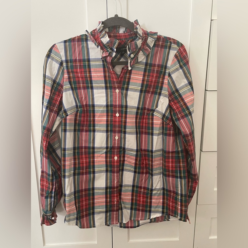 J. Crew plaid button down shirt with ruffle detail